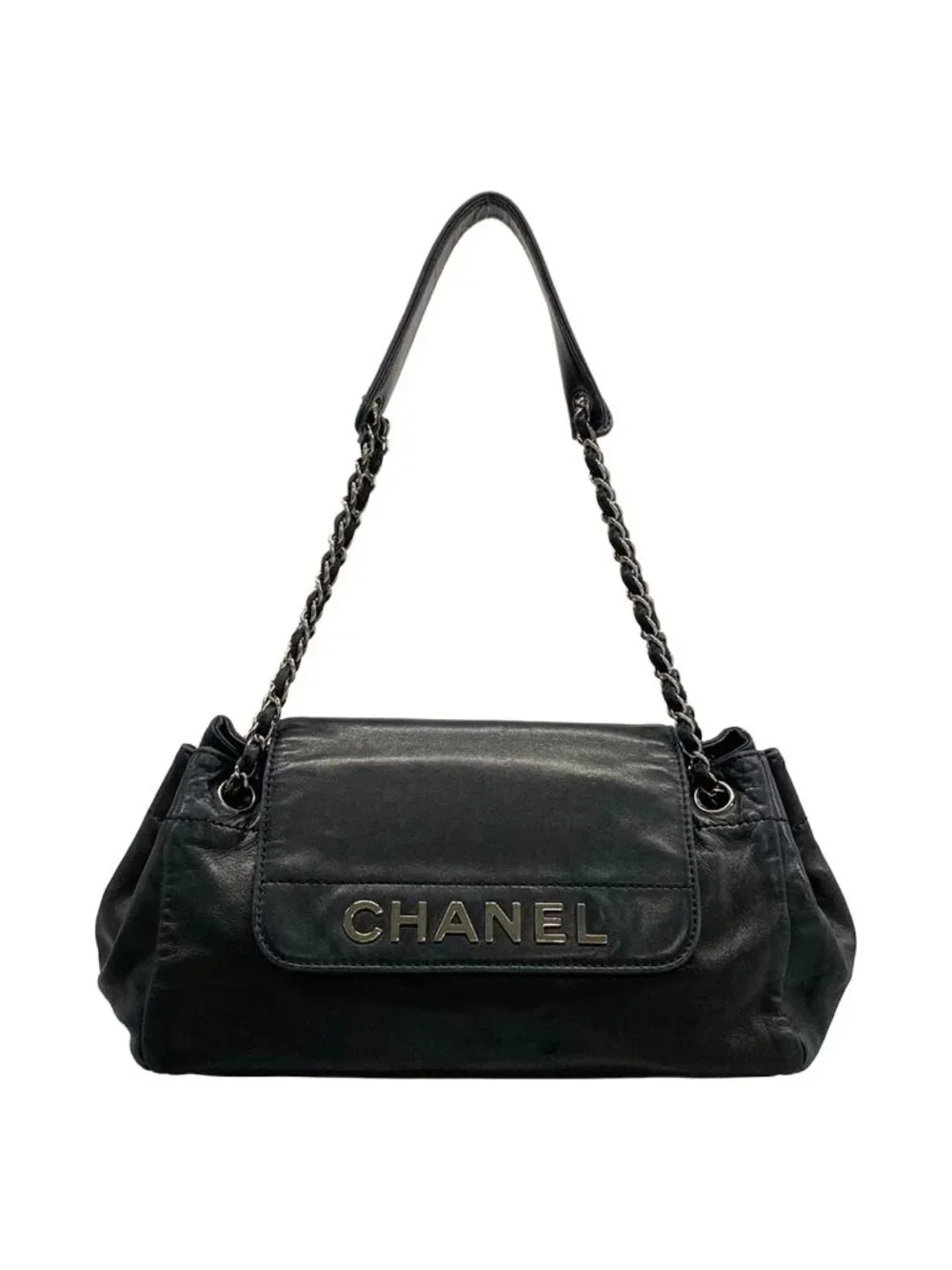 Chanel Shoulder Bag Black Chain Silver Logo Flap Lambskin